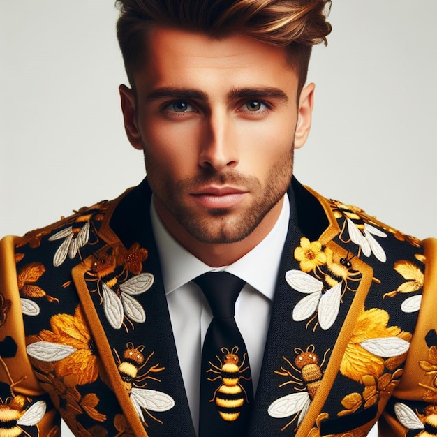 Bespoke businessman radiates charm in a honey bee embellished suit with a tie on white