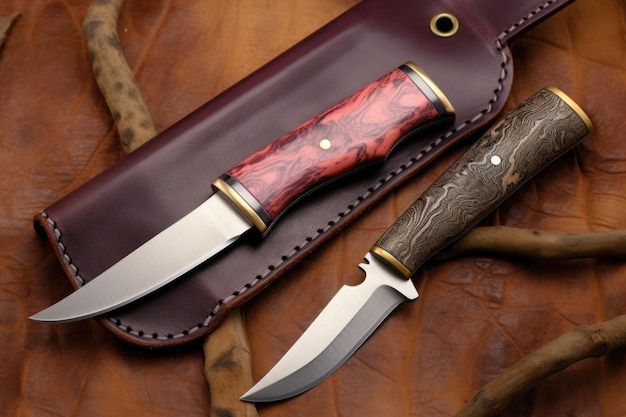 Bespoke knife with leather sheath placed on a rustic background created with generative ai