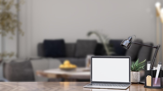 Bespotten leeg scherm laptop op houten tafel