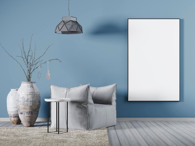 Bespotten poster op blauwe muur in woonkamer met stoffen fauteuil een salontafel en grote vaas 3D-rendering