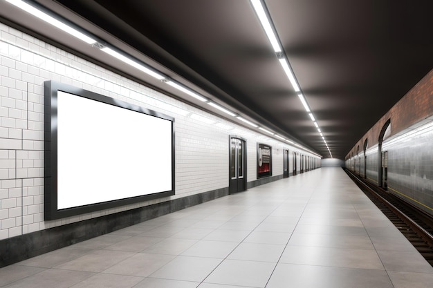 Bespotten Postermediasjabloon Advertenties worden weergegeven in NYC Train Subway Station AI gegenereerd