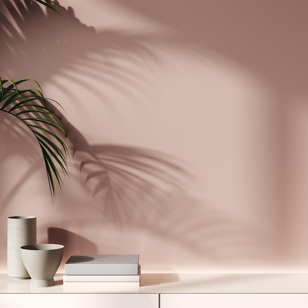 Bespotten roze muur met palmbladschaduw en decoratie op console 3d illustratie