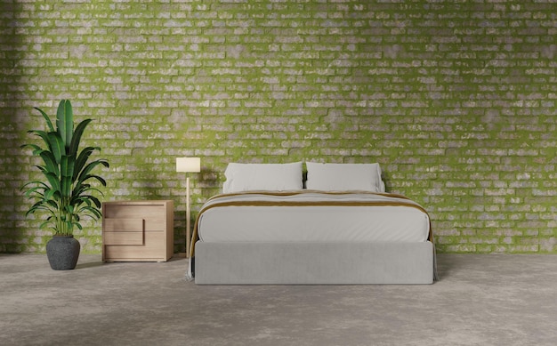 Foto bespotten slaapkamer met mos bric muur 3d illustratie rendering