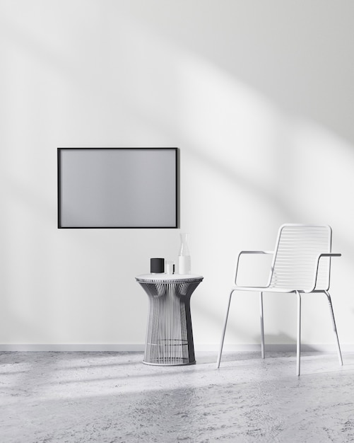 Bespotten van horizontaal frame op witte muur in modern minimalistisch kamerinterieur met witte stoel en zwarte salontafel, 3D-rendering