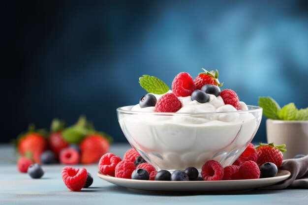 Bessen en Griekse yoghurt gecombineerd in een schaal Generative Ai