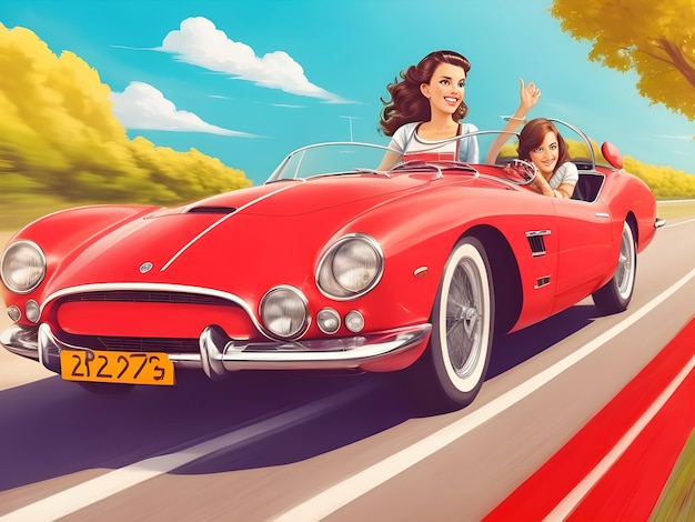 Best Classic Retro sport car for high speed with Anime young woman Photography AI Generate