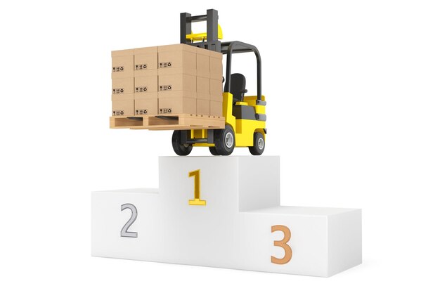 Best Delivering Concet. Forklift truck with boxes over Winners Podium on a white background