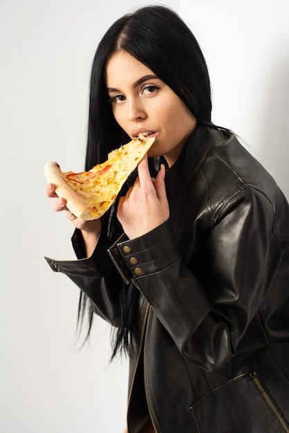 Best food is eaten with your hands Sensual woman bite pizza slice Pretty girl eat baked food Ready to eat food Pizzeria menu Pizza shop Italian style of food Order now