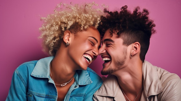 Best friends or couple laughing and having a good time together in a studio