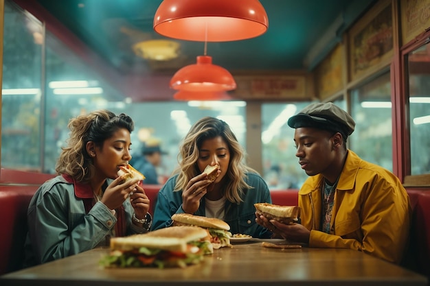 best friends eating together a sandwich