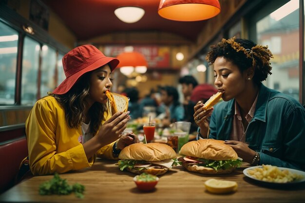 best friends eating together a sandwich