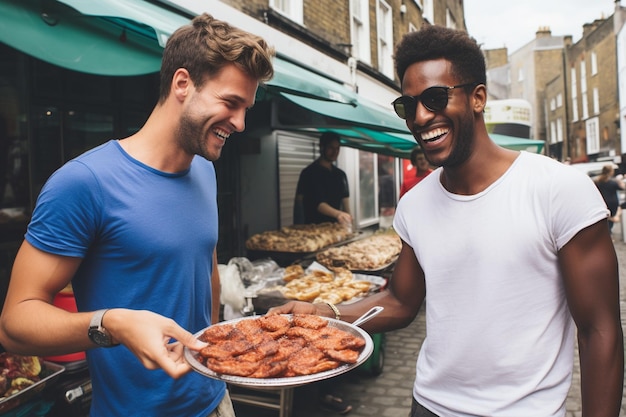 Best friends getting some street food outdoors