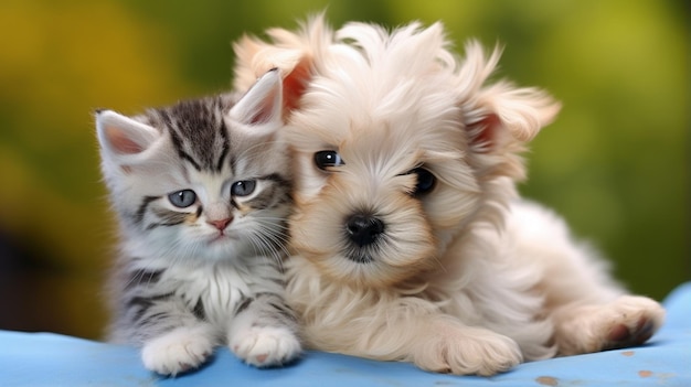 Best friends kitten and small fluffy dog looking sideways copy space Generative AI