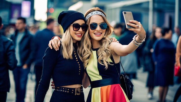 Foto i migliori amici che indossano abiti alla moda e si fanno selfie per strada.