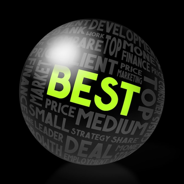 Photo best green word on a sphere typographical concept 3d illustration