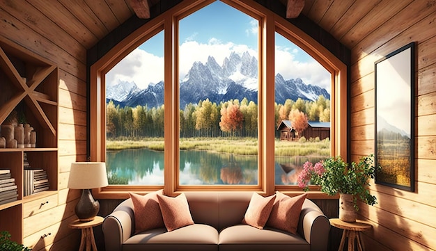 Best interior design of a lodge having beautiful view Ai Generated