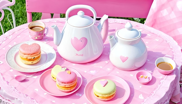 Best love pink toys and a cup of coffee on a pink tablecloth