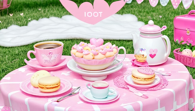 Photo best love pink toys and a cup of coffee on a pink tablecloth