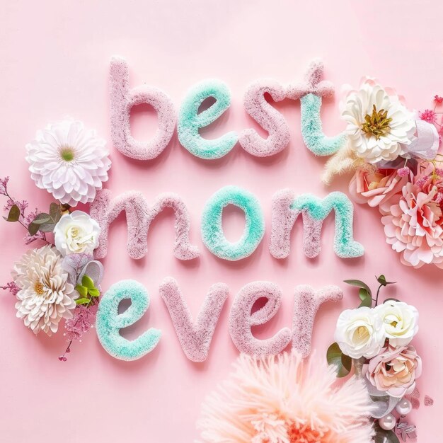 Photo best mom ever celebration 3d text surrounded by flowers and feathers on pink background