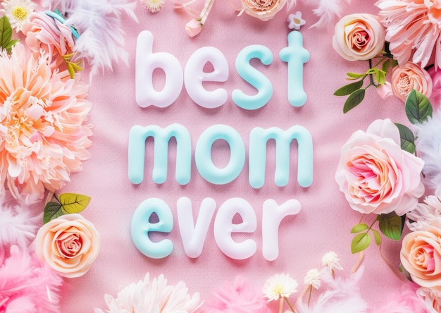 Фото Лучшее празднование мамы в 3d текст в окружении цветов на розовом текстильном фоне