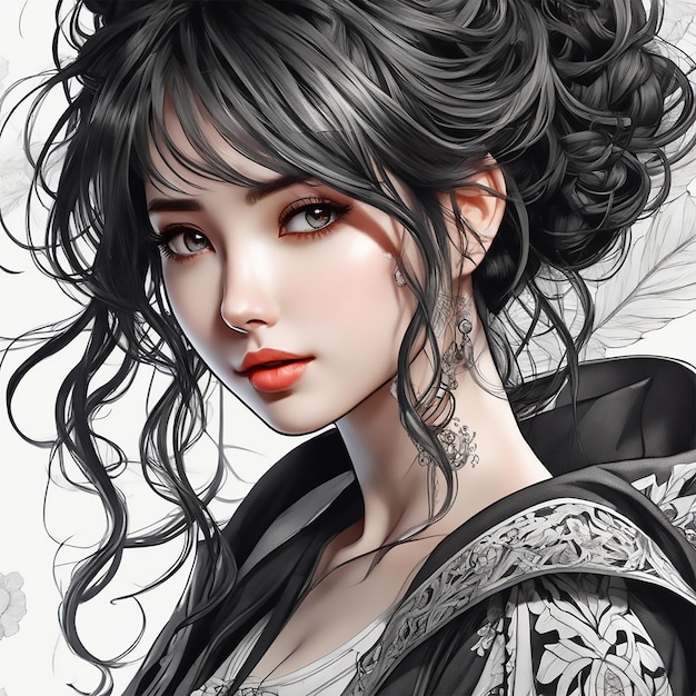 best quality digital style painting emo anime girl long half white and black messy