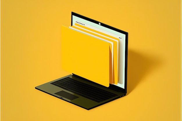 Bestandsmap op laptopscherm, gele achtergrond. AI digitale illustratie