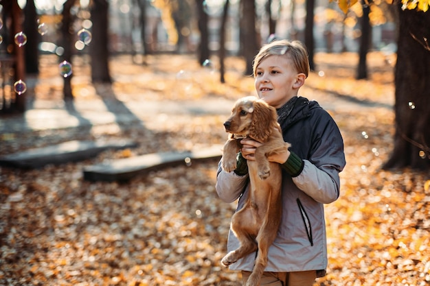 Beste huisdieren voor tieners tienerjongen en zijn schattige cocker spaniel puppy hondje wandelen in herfst park