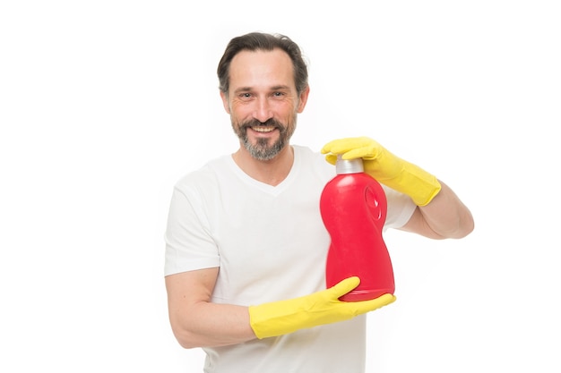 Beste schoonmaakbedrijf service volwassen man klaar om huis schoon te maken mannelijke huishoudster gebruik schoner