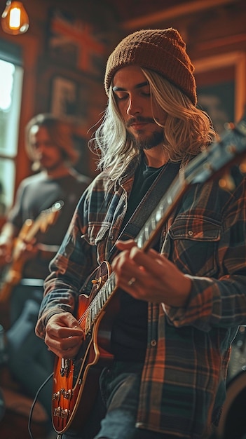 Beste vrienden die samen muziek spelen en plezier maken terwijl we op de gitaar jammen.