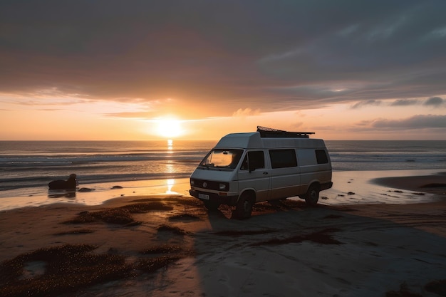 Bestelwagen geparkeerd bij zonsondergang op het strand met aanrollende golven gemaakt met generatieve AI