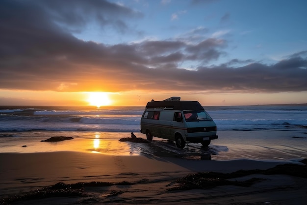 Bestelwagen geparkeerd bij zonsondergang op het strand met aanrollende golven gemaakt met generatieve AI