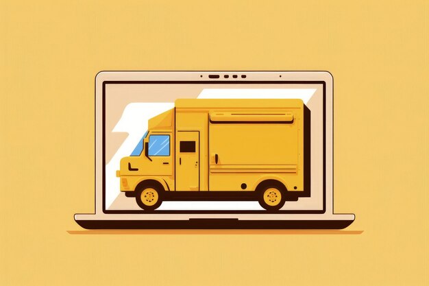 Bestelwagen illustratie op laptop scherm gele achtergrond Generatieve AI