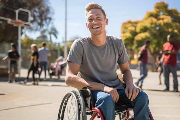 Bestemd en glimlachend gehandicapte jonge man speler in een rolstoel Sterke mannelijke jongen glimlacht naar de camera zittend op een rolstap alleen op het basketbalveld met mensen die op de achtergrond spelen