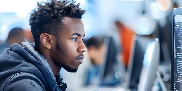 Bestemde student gericht op digitale codering door middel van programmering tutorials Concept Digital Coding Programming Tutorials Student Succes Skill Development Educatieve groei