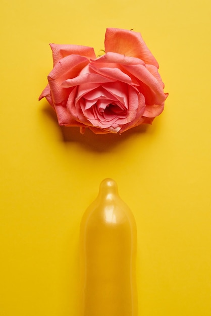 Foto bestuif de bloemen met bescherming studio shot van een condoom met een roze roos erop tegen een gele achtergrond