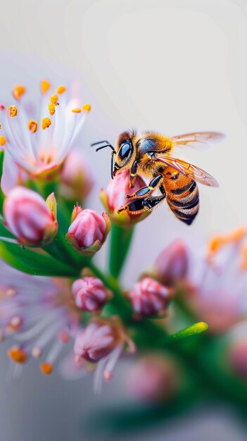 Bestuiwingsmoment Honingbij landt voorzichtig op een kleurrijke bloem Vertical Mobile Wallpaper