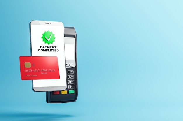 Betaling voltooid concept met creditcard smartphone met succes icoon en kaartlezer op blauwe achtergrond voor online transacties 3D-rendering