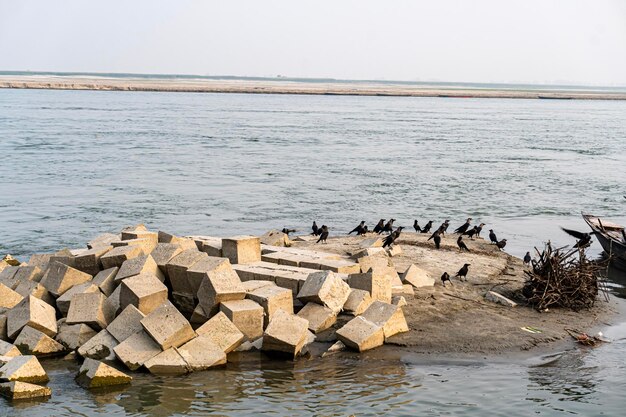 Betonblok Grijs Cement Sintelblok Geïsoleerd Aan de rivierzijde Graniet bolder voor de rivier