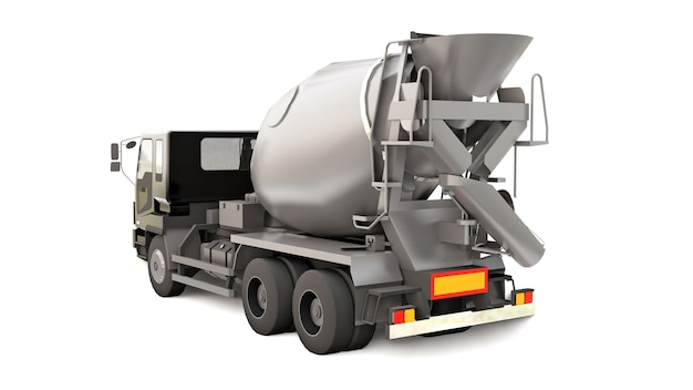 Foto betonmixer vrachtwagen met zwarte cabine en grijze mixer op witte achtergrond. driedimensionale afbeelding van bouwmachines. 3d-rendering.