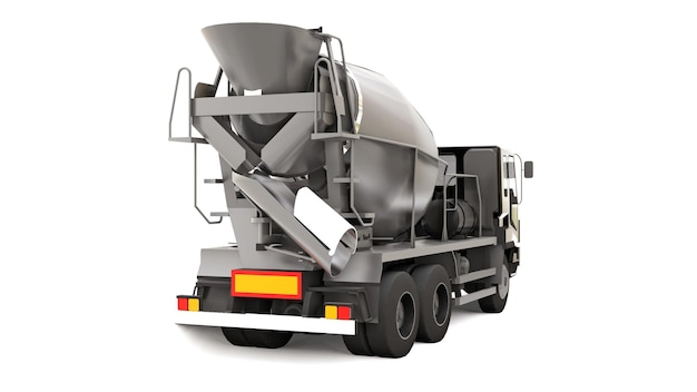 Betonmixer vrachtwagen met zwarte cabine en grijze mixer op witte achtergrond. Driedimensionale afbeelding van bouwmachines. 3D-rendering.