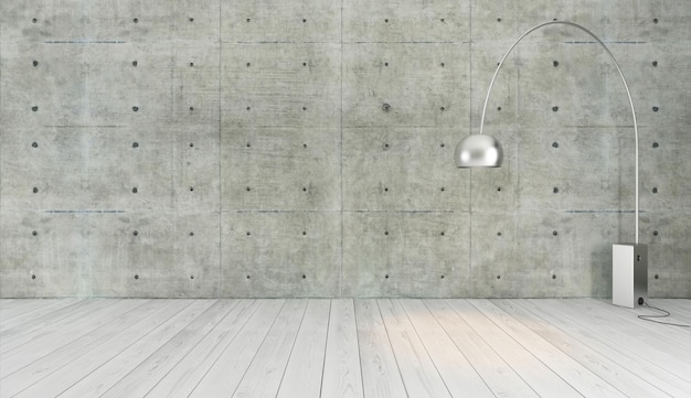 Betonnen muur en wit houten parketdecor zoals loftstijl met vloerlamp achtergrond sjabloonontwerp weergave