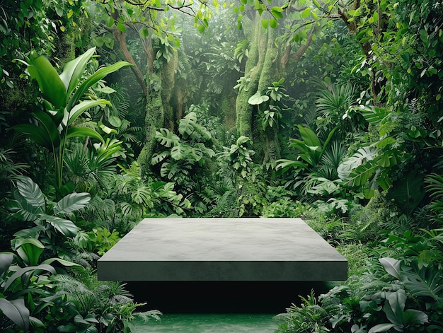 Betonnen podium in tropisch bos, versterkt door een levendige groene achtergrond met groene botanische planten
