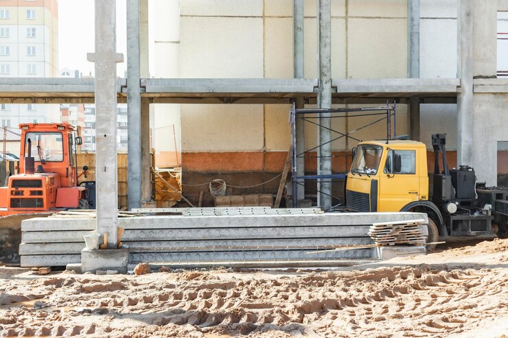 Foto betonnen putringen en platen op de bouwplaats
