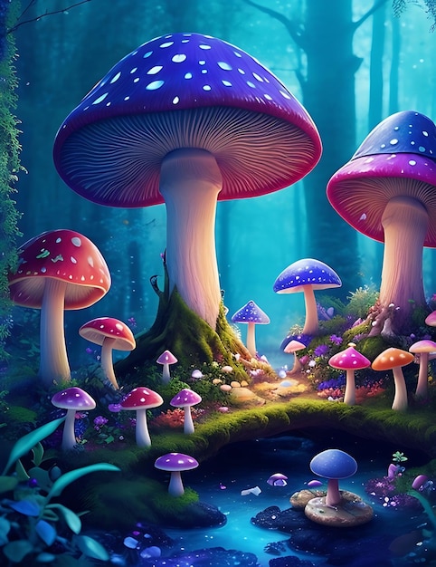 Betoverd bos met kleurrijke paddenstoel