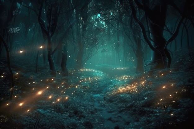 Betoverd bos 's nachts met vuurvliegjes Generatieve AI illustratie