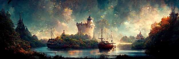 Betoverd sprookjeslandschap, magie, fantasie, bos, schip op het meer. Digitale illustratie
