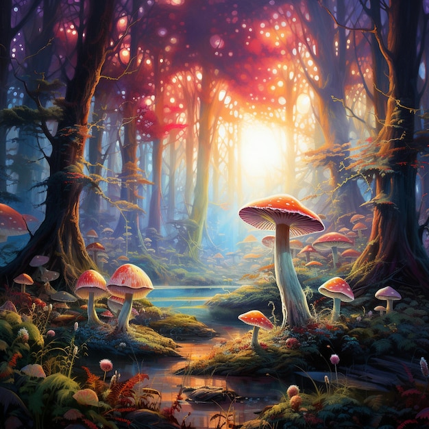 Betoverd Wonderland Etherisch bos van lichtgevende paddenstoelen