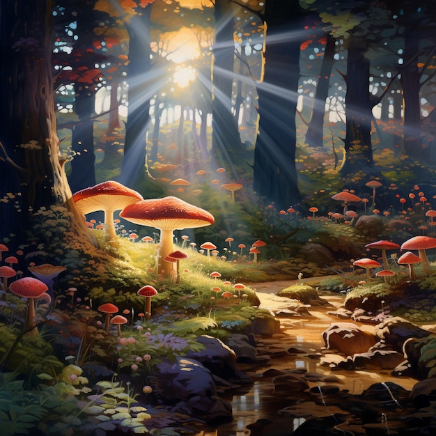 Betoverd Wonderland Etherisch bos van lichtgevende paddenstoelen