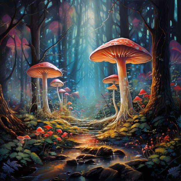 Betoverd Wonderland Etherisch bos van lichtgevende paddenstoelen