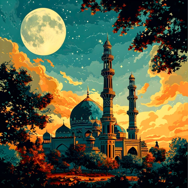 Betoverde avonden een reeks majestueuze moskeeën te midden van bloemen en maanlicht